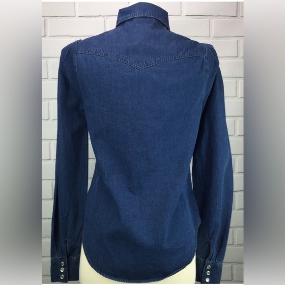 Torn by Ronny Kobo Denim Puff Sleeve Button Down in Dark Wash - Size S - Picture 7 of 8